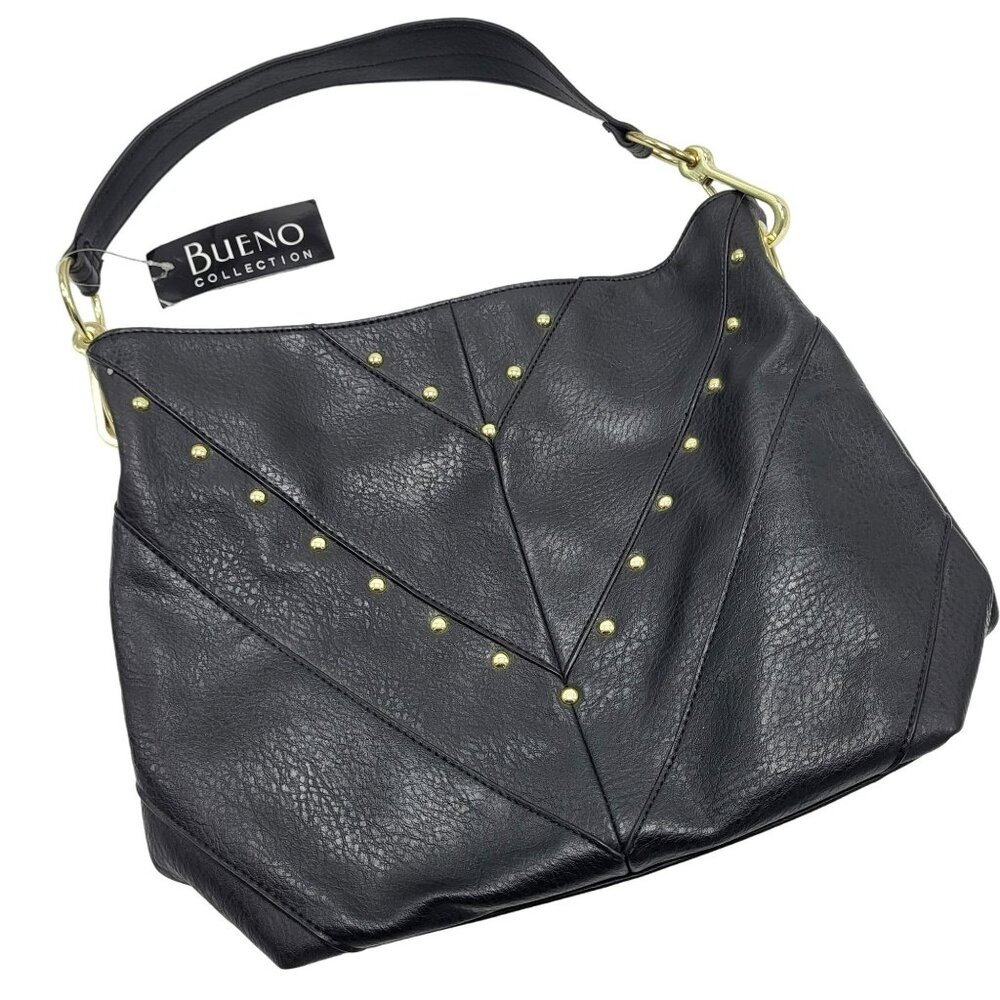 Bueno Collection Shoulderbag Purse Black Vegan PU Leather Gold Studs V Pattern